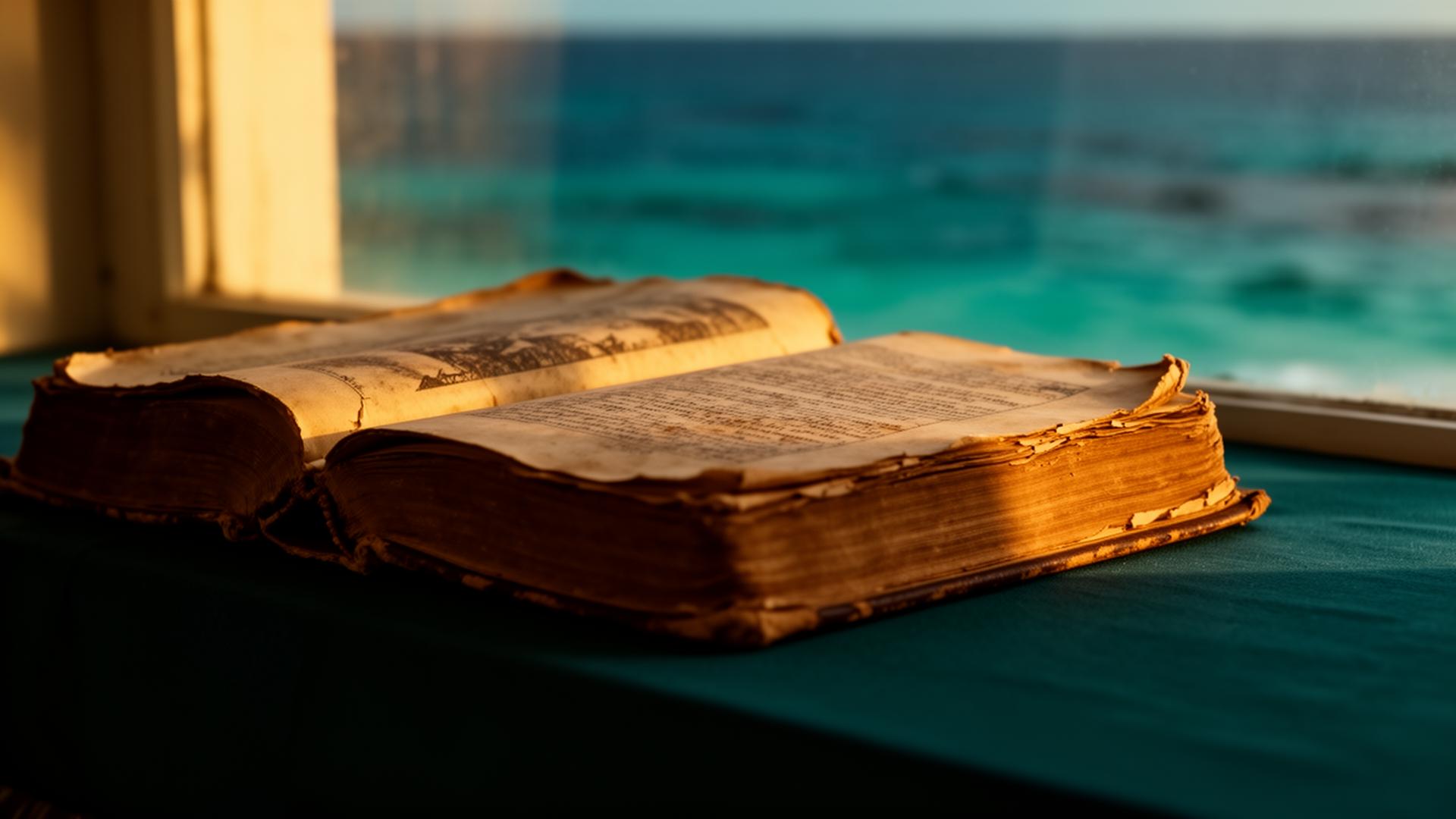 An old book opened by a window overlooking the Caribbean sea